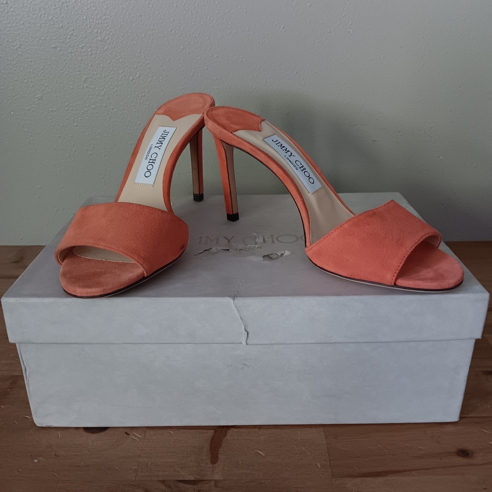 Jimmy Choo Stacey Sue Calypso Mule Heels Womens 37 Coral Suede Stiletto Italy